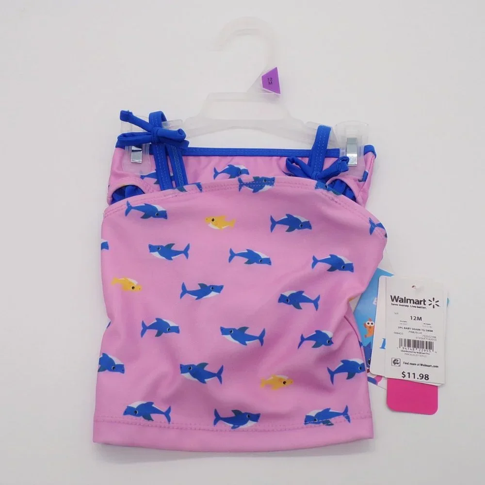 Pinkfong BABY SHARK Girl Swimsuit Sz 12 Month Pink Two Piece Suit Beach